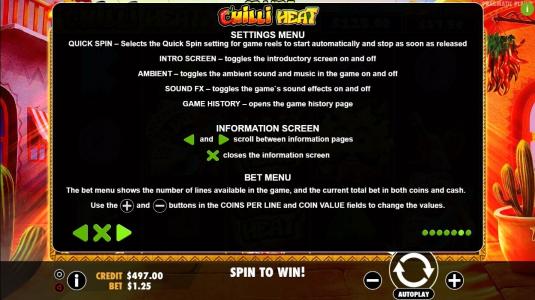 Chilli Heat Slot Machine Settings Menu Screen