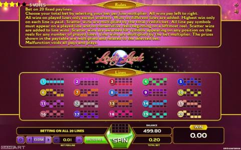 Lady Luck Slot Machine Paylines Screen