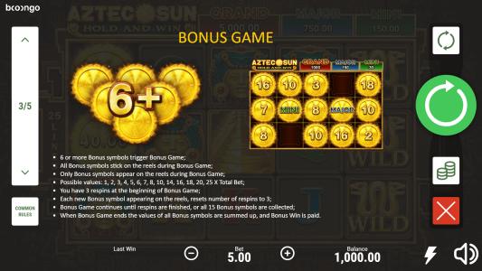 Aztec Sun Hold and Win Slot Machine Bonus Game Screen