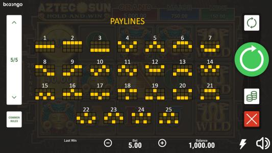 Aztec Sun Hold and Win Slot Machine Paylines Screen