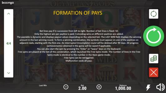 Slot Machine Paylines and Free Spins Information Screen