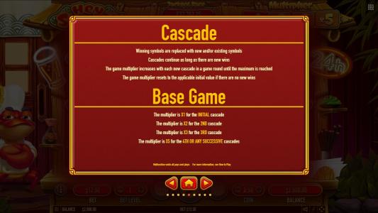 Hey Sushi Slot Machine Cascade and Base Game Rules Screen
