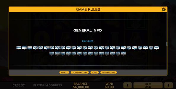Platinum Goddess Slot Machine Paylines Screen