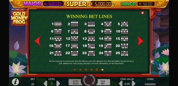 Gold Money Frog Slot Machine Paylines Screen
