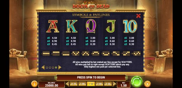 Cat Wilde and the Doom of Dead Slot Machine Paytable Screen