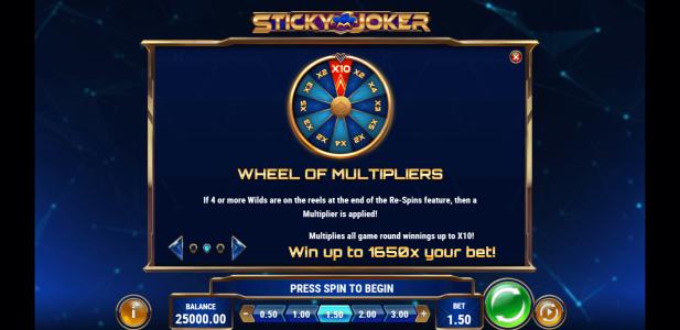 Sticky Joker Slot Machine Wheel of Multipliers Screen