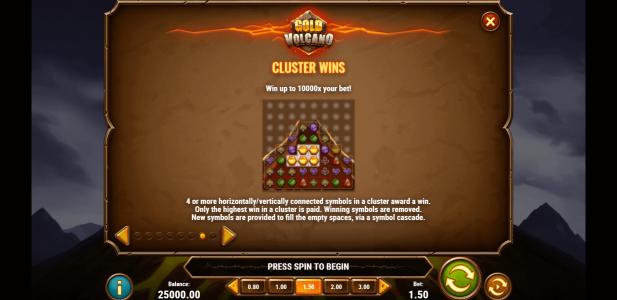 Gold Volcano Slot Machine Cluster Wins Screen