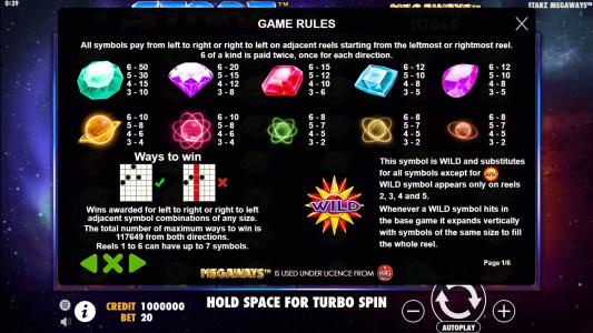 Starz Megaways Slot Machine Paytable Screen