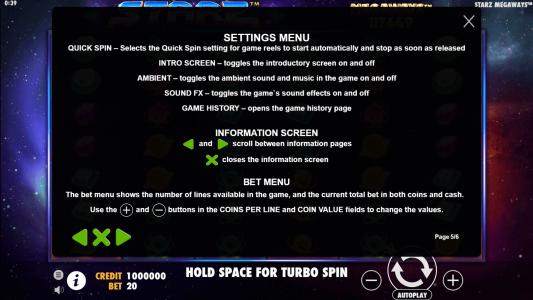 Starz Megaways Slot Machine Game Rules Screen