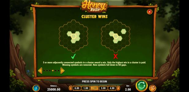 Honey Rush Slot Machine Cluster Wins Screen