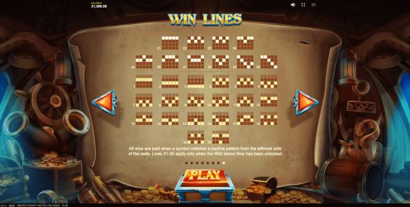 Pirates Plenty Battle for Gold Slot Machine Paylines Screen