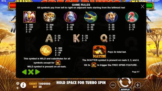 Great Rhino Deluxe Slot Machine Paytable Screen