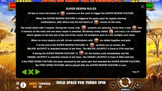 Great Rhino Deluxe Slot Machine - Game Rules Screen