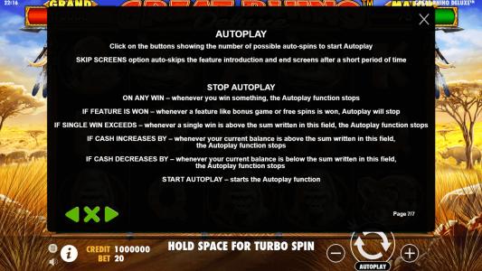 Great Rhino Deluxe Slot Machine Game Rules Screen