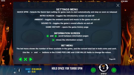 Ultra Burn Slot Machine Game Rules Screen