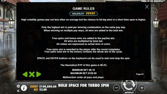 Curse of the Werewolf Megaways Slot Machine Game Rules Screen