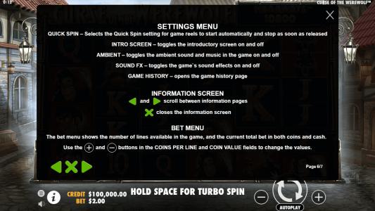 Curse of the Werewolf Megaways Slot Machine Game Rules Screen