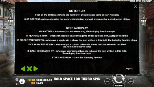 Curse of the Werewolf Megaways Slot Machine Game Rules Screen