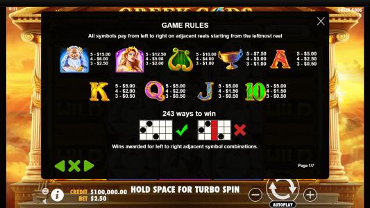 Greek Gods Slot Machine Paytable Screen