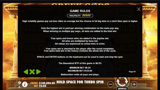 Greek Gods Slot Machine Game Rules Screen