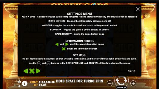 Greek Gods Slot Machine Game Rules Screen