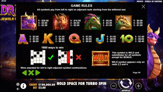 Drago Jewels of Fortune Slot Machine Paytable Screen