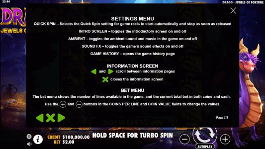 Drago Jewels of Fortune Slot Machine Game Rules Screen