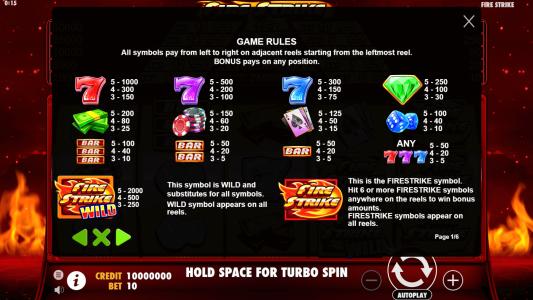 Fire Strike Slot Machine Paytable Screen