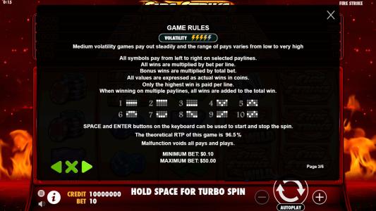 Fire Strike Slot Machine Game Rules Screen