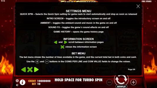 Fire Strike Slot Machine Game Rules Screen