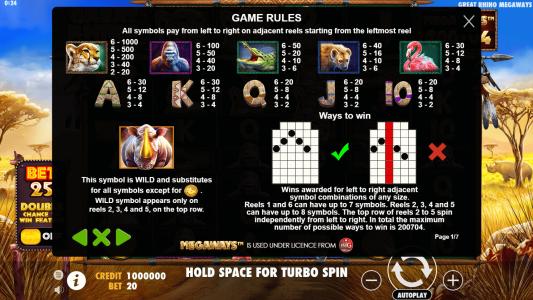 Great Rhino Megaways Slot Machine Paytable and Paylines Screen