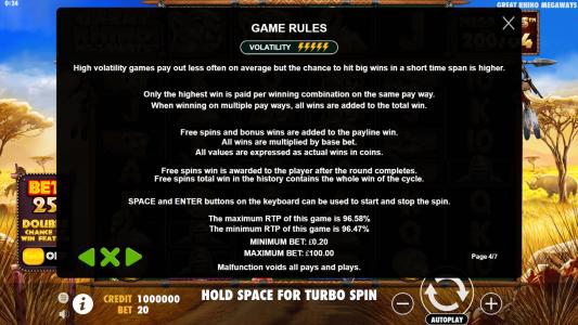 Great Rhino Megaways Slot Machine Game Rules Screen