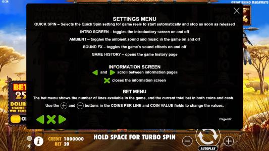 Great Rhino Megaways Slot Machine Game Rules Screen