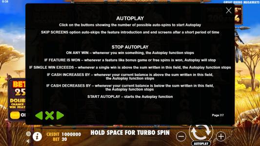 Great Rhino Megaways Slot Machine Game Rules Screen