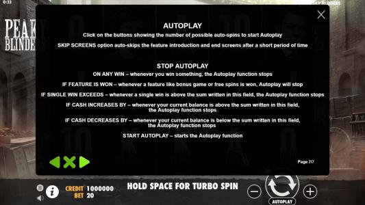 Peaky Blinders Slot Machine Game Rules Screen