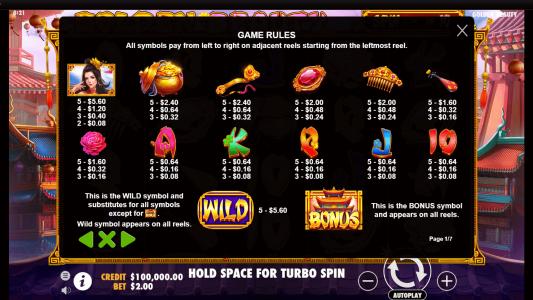 Golden Beauty Slot Machine Paytable Screen