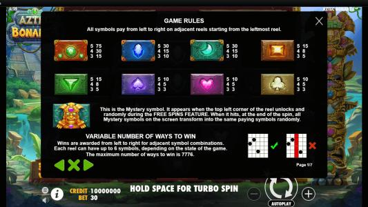 Aztec Bonanza Slot Machine Paytable Screen