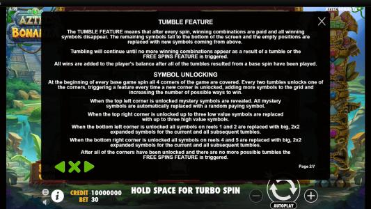 Aztec Bonanza Slot Machine Tumble Feature and Symbol Unlocking Screen