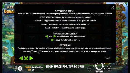 Aztec Bonanza Slot Machine Settings Menu Screen