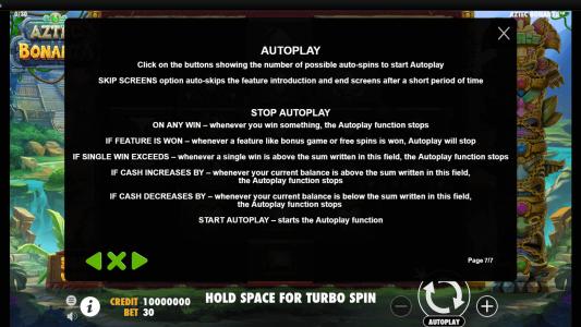 Aztec Bonanza Slot Machine Settings Menu Screen