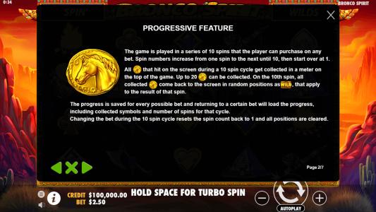 Bronco Spirit Slot Machine Progressive Feature Screen