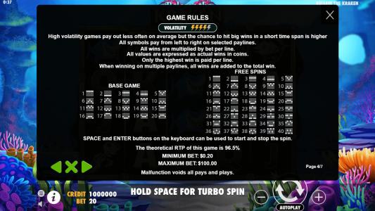Release the Kraken Slot Machine Game Rules Screen