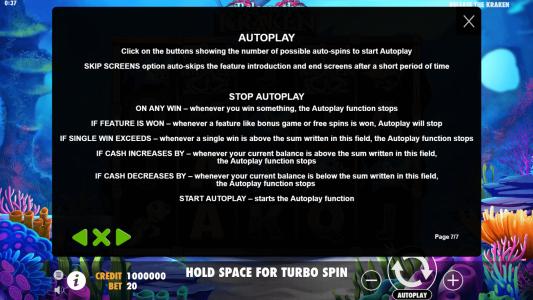 Release the Kraken Slot Machine Game Rules Screen