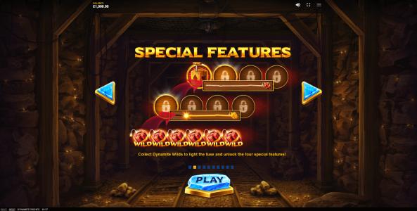 Dynamite Riches Slot Machine Special Features Screen with Dynamite Wilds