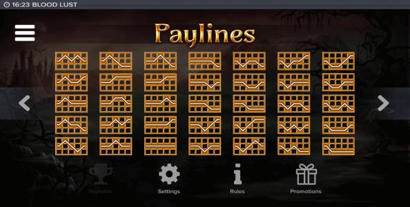 Blood Lust Slot Machine Paylines Screen