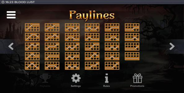 Blood Lust Slot Machine Paylines Screen