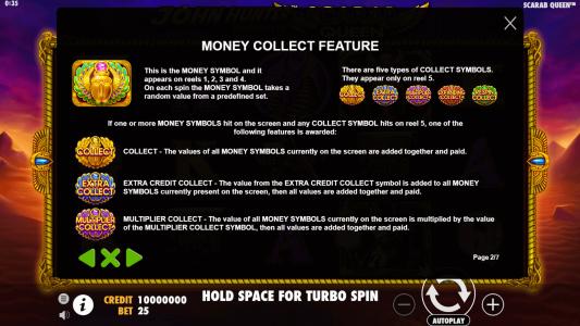 John Hunter Tomb of the Scarab Queen Slot Machine Money Collect Feature Screen