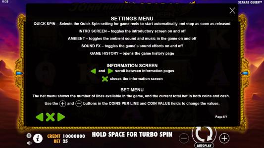 John Hunter Tomb of the Scarab Queen Slot Machine Game Rules Screen