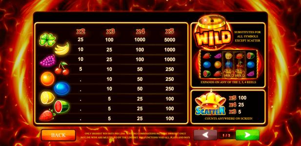 Extreme Fruits Ultimate Slot Machine Paytable Screen