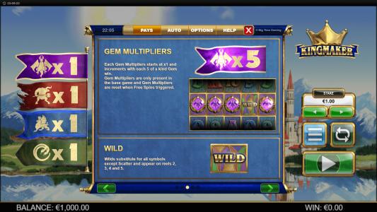 Kingmaker Slot Machine Gem Multipliers and Wild Symbols Screen